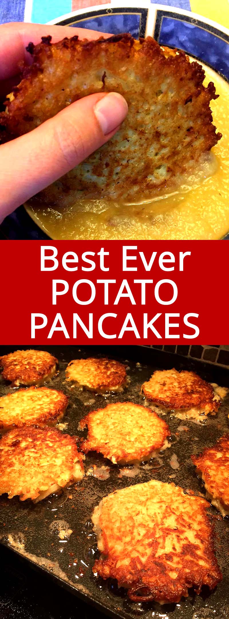 These homemade potato pancakes are amazing! So crispy and addictive, I can eat the whole batch at once! This recipe makes authentic Jewish latkes potato pancakes - best ever!