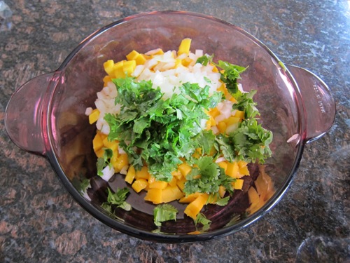mango-salsa-step-addcilantro cilantro, onion and mango diced in a bowl
