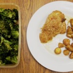 slow cooker chicken stew, roasted small potatoes and broccoli