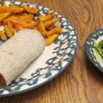 dinner salmon avocado wraps, sweet potato fries and seaweed salad