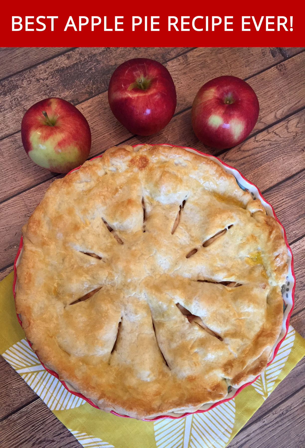 A delicious-looking apple pie, with a perfectly golden crust and steam rising from the filling.