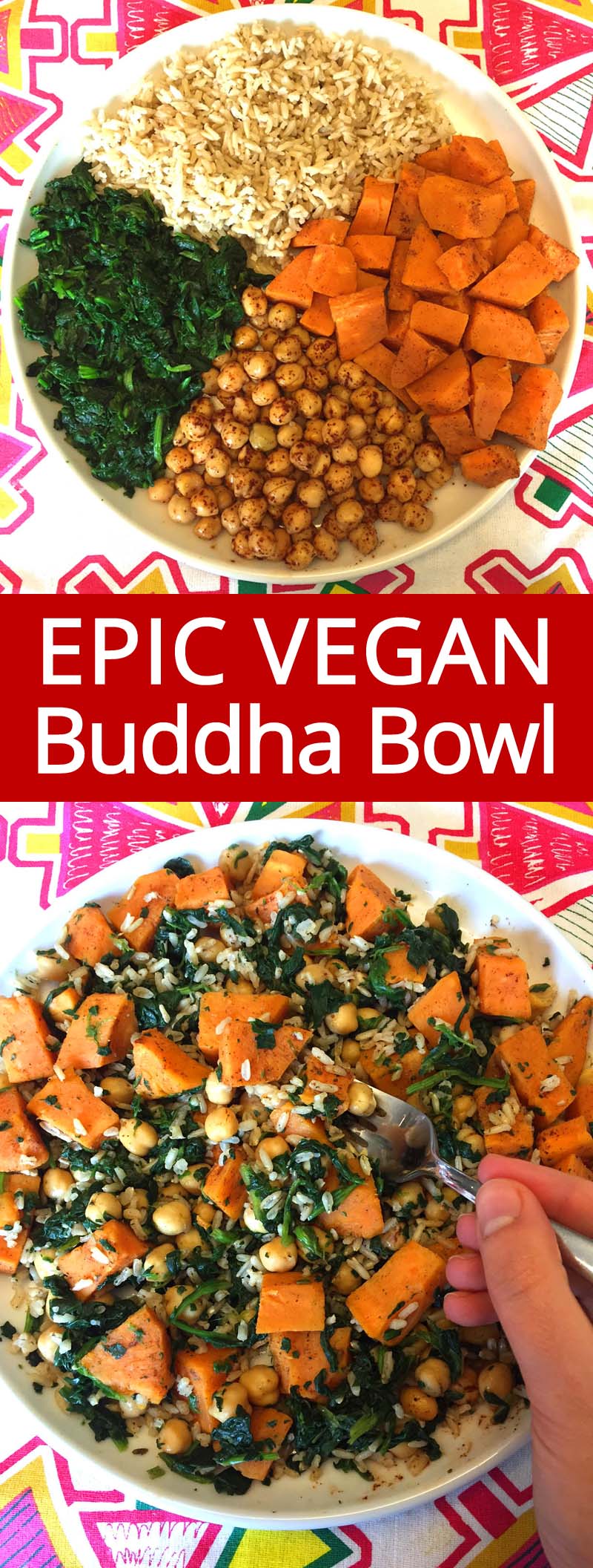 Vegan Buddha Bowl With Sweet Potatoes, Chickpeas, Spinach and Brown