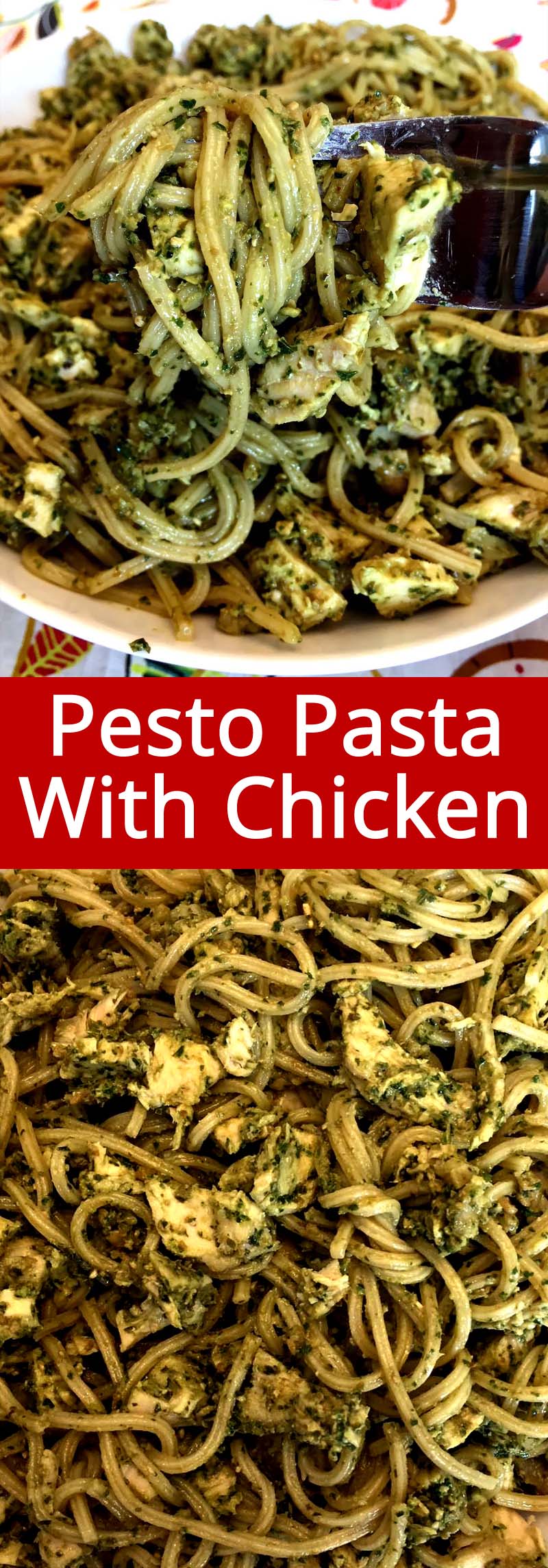 This chicken pesto pasta recipe is amazing! Pasta is tossed with pesto and cooked chicken for a super easy dinner! This pasta with pesto recipe doesn't get any easier than that! Easy dinner on the table, so delicious and so filling!