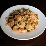 pasta with shrimp, tomato sauce, eggplant and garlic