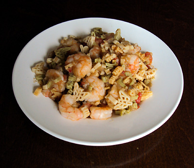 pasta with shrimp, tomato sauce, eggplant and garlic