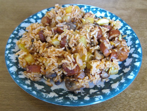 sausage jambalaya with mushrooms and green peppers