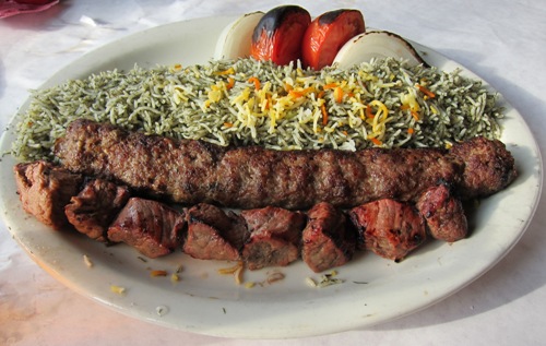 reza's restaurant beef kabob combo with dill rice