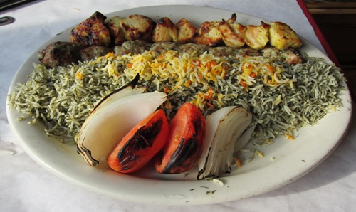 reza's chicken kabob combo with dill rice - food photo