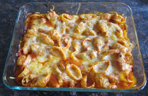 cooked baked pasta shells casserole picture in a baking dish