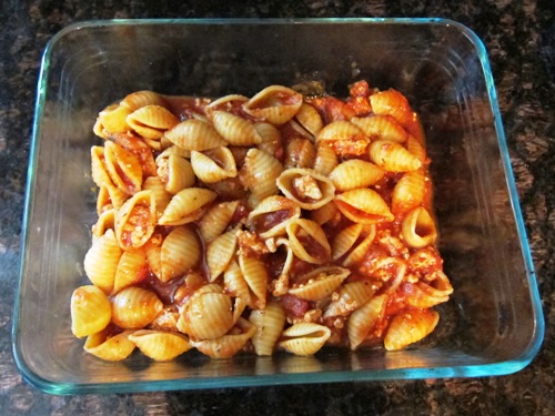 layer 1 of the pasta shells casserole