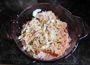 shredded chicken and eggs in a bowl
