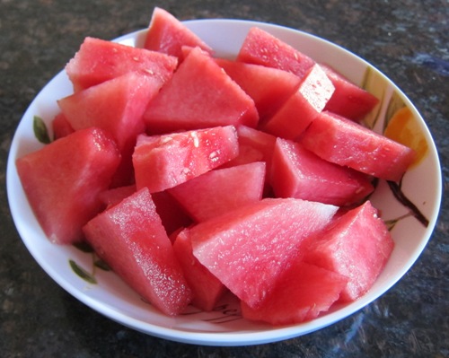 watermelon chunks pieces in big bowl