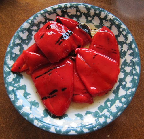 red marinated peppers from Costco on a plate