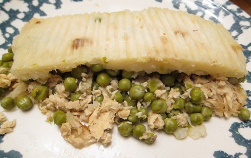 salmon shepherd's pie with green peas