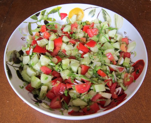 Salad Recipe With Tomatoes, Cucumbers And Green Spring Onions (Scallions)