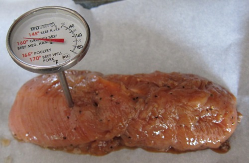 meat thermometer inserted in the turkey breast