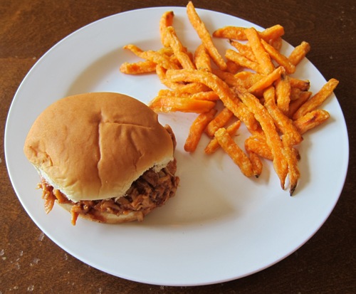 shredded pulled bbq chicken sandwich with sweet potato fries