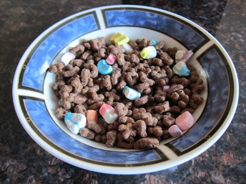 bowl of chocolate lucky charms cereal