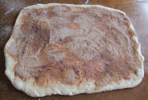rolled out dough sprinkled with cinnamon and sugar
