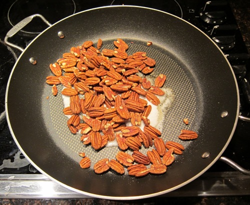 add the pecans to the frying pan