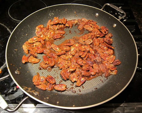 homemade candied pecans in the frying pan