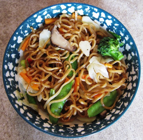 cooked Yakisoba noodles from Costco in a bowl