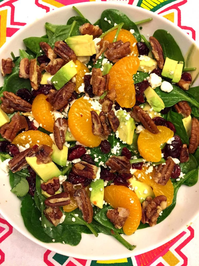 Spinach Salad With Dried Cranberries, Candied Pecans, Avocado, Feta and Oranges - AMAZING!