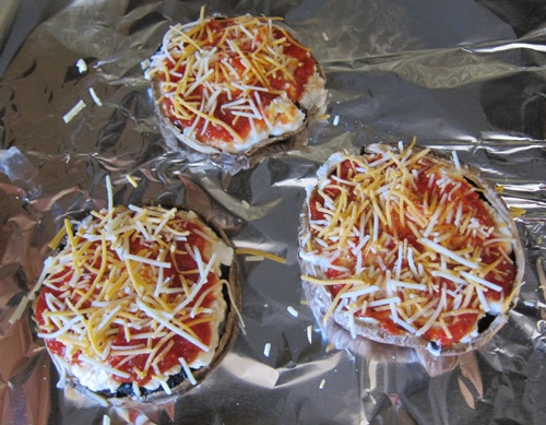 portobello pizzas ready to go in the oven