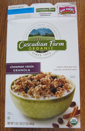 cascadian farm organic cinnamon raisin granola package