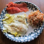 smoked salmon with scrambled eggs and healthy cole slaw