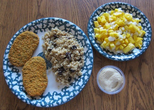 costco veggie patties, quinoa and mango salsa