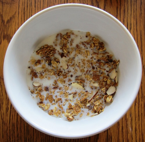 chocolate almond granola with milk