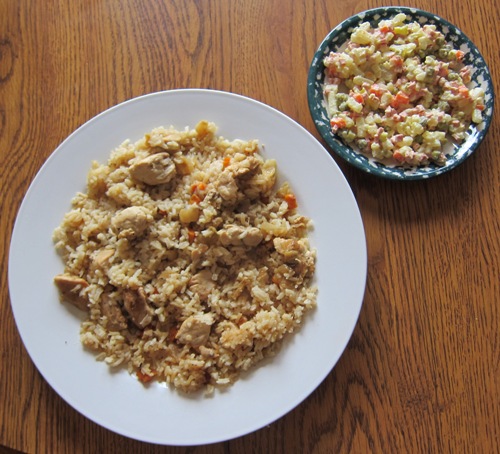 chicken pilaf and russian potato salad olivier