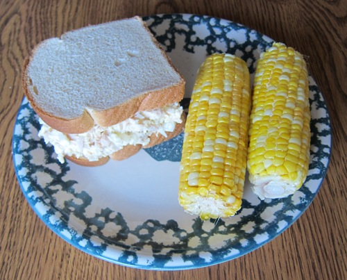 Dinner Of Chicken Salad Sandwich With Microwave Corn On The Cob