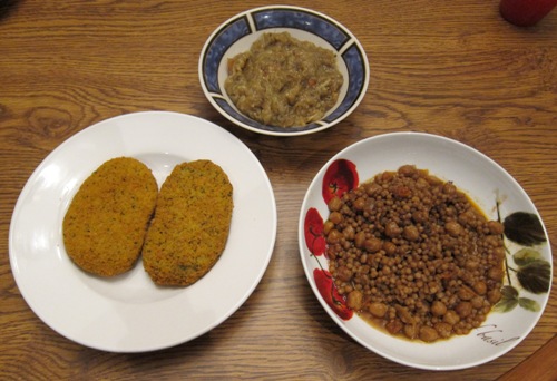 Vegan Dinner Idea: Veggie Patties, Middle Eastern Couscous And Eggplant Salad
