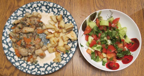 Dinner Idea: Scallop Stir Fry, Oven Roasted Potatoes And Tomato Cucumber Salad