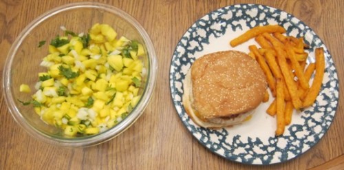 turkey cheeseburger with sweet potato fries and mango salsa dinner