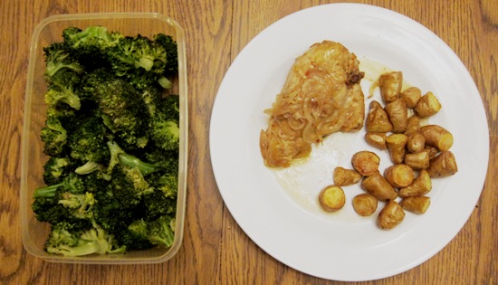 Dinner Of Slow Cooker Chicken Stew, Roasted Small Potatoes And Broccoli