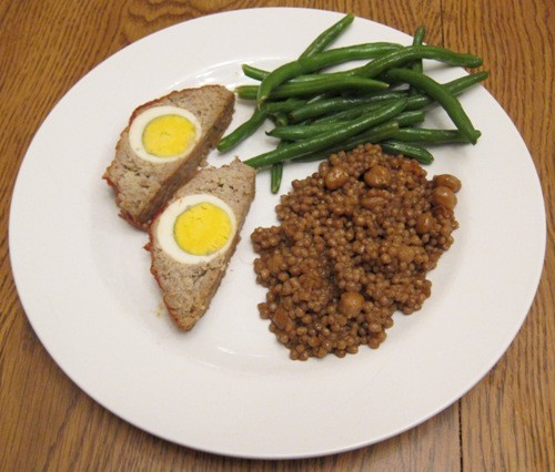 stuffed meatloaf with egg, green beans and couscous