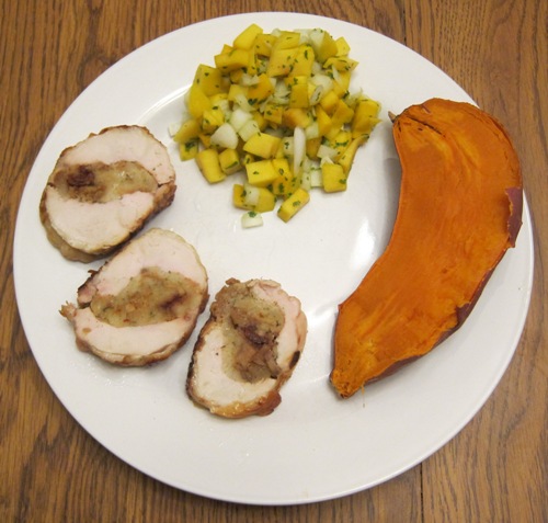 Dinner Of Stuffed Chicken Breast With Sweet Potato And Mango Salsa