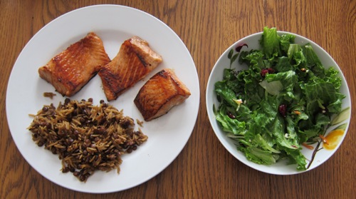 dinner of salmon teryaki rice pilaf green salad