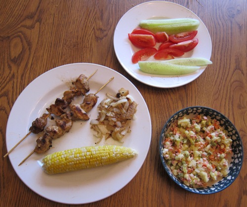 BBQ Menu – Chicken Shish Kabobs, Grilled Onions, Corn & Potato Salad