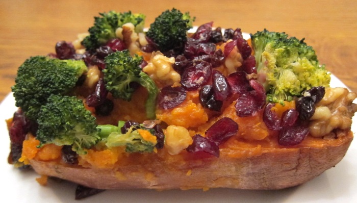 baked stuffed sweet potato with broccoli cranberries walnuts