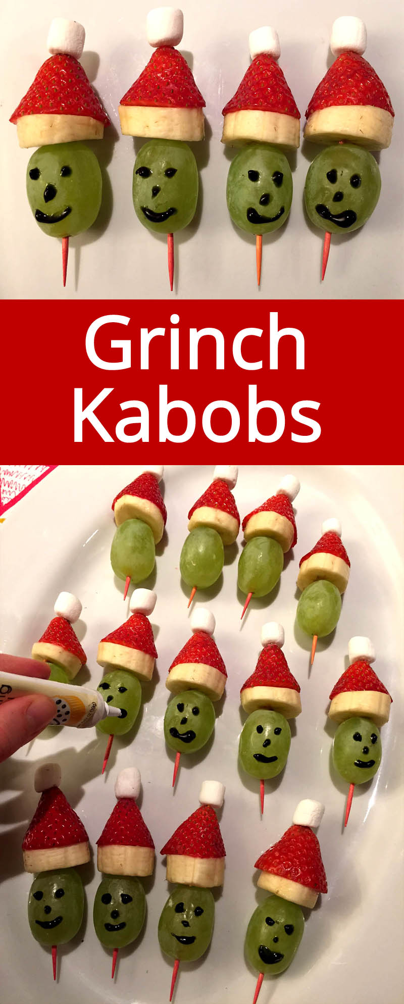 These cute little Grinch fruit kabobs are a must for your Holiday party!  MelanieCooks.com