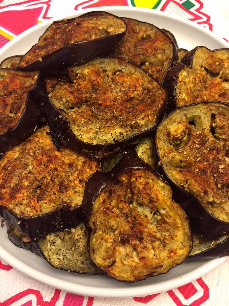 Roasted Eggplant slices topped with a jalapeño garlic sauce- a simple , Eggplant Recipe