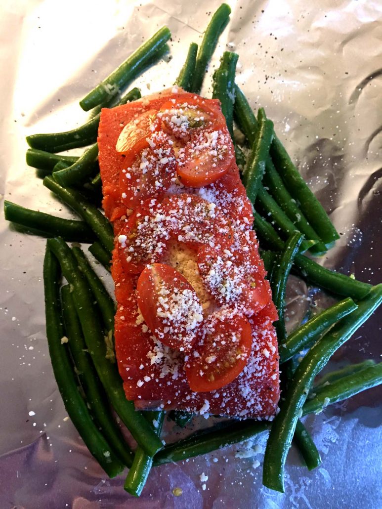 Salmon With Cherry Tomatoes And Green Beans In Foil