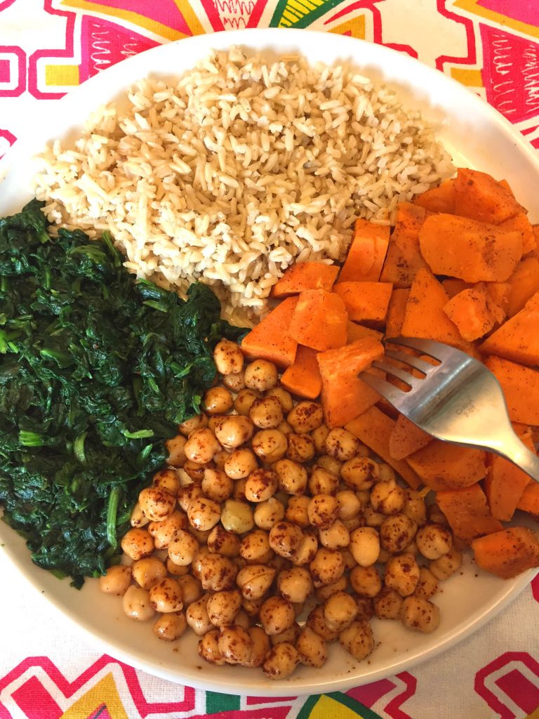 Vegan Buddha Bowl With Sweet Potatoes, Chickpeas, Spinach and Brown Rice