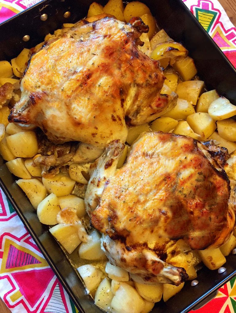 Two Whole Roasted Chickens With Potatoes At The Same Time