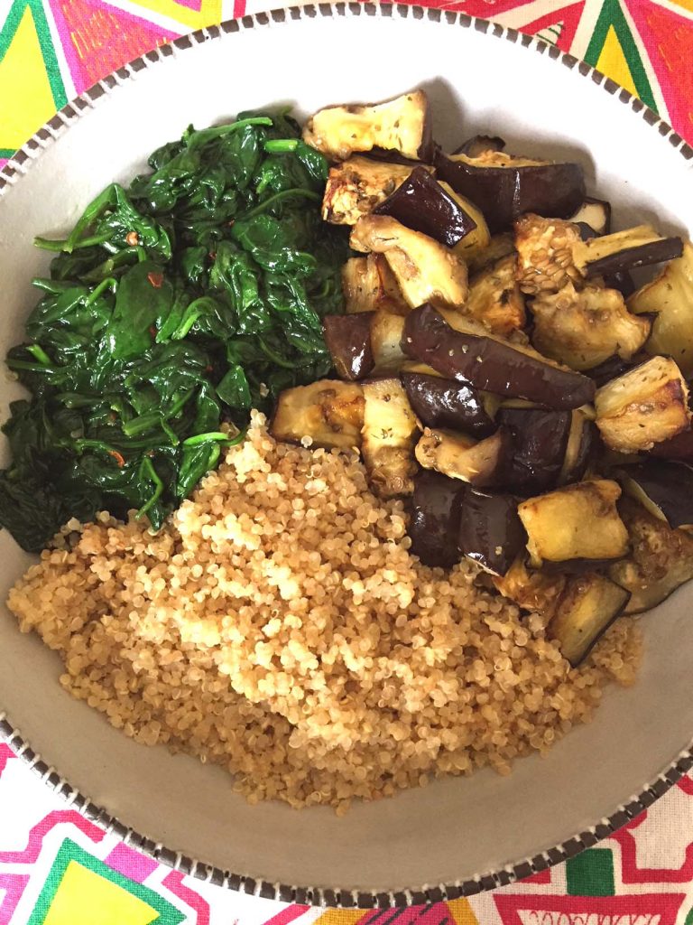 Vegan Quinoa Buddha Bowl With Eggplant And Spinach