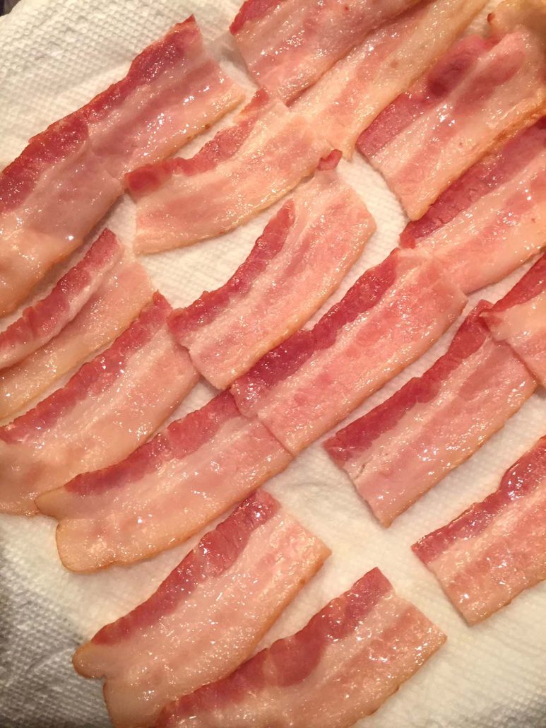 Cut bacon strips in thirds